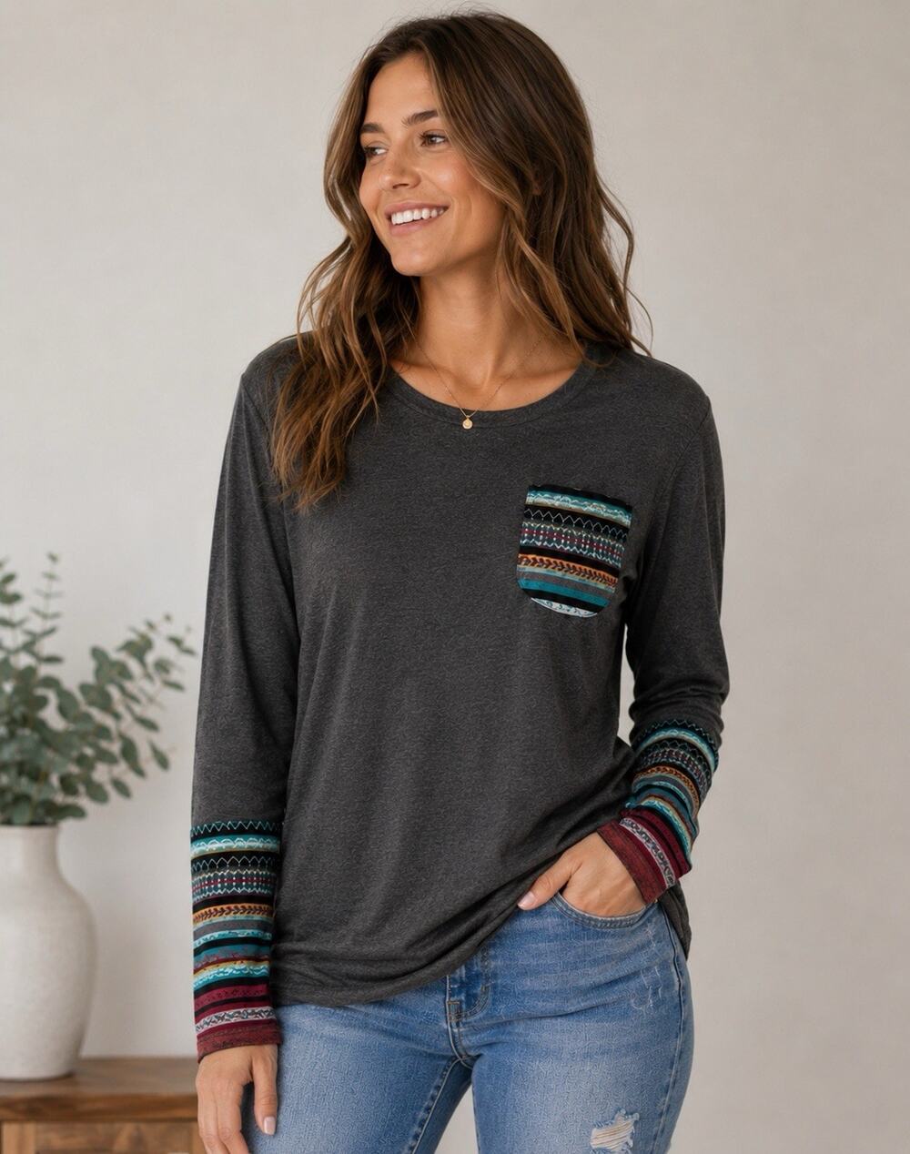 POGTMM Gray Aztec Southwestern Long Sleeve Pocket Tunic Top XL Fall Fashion